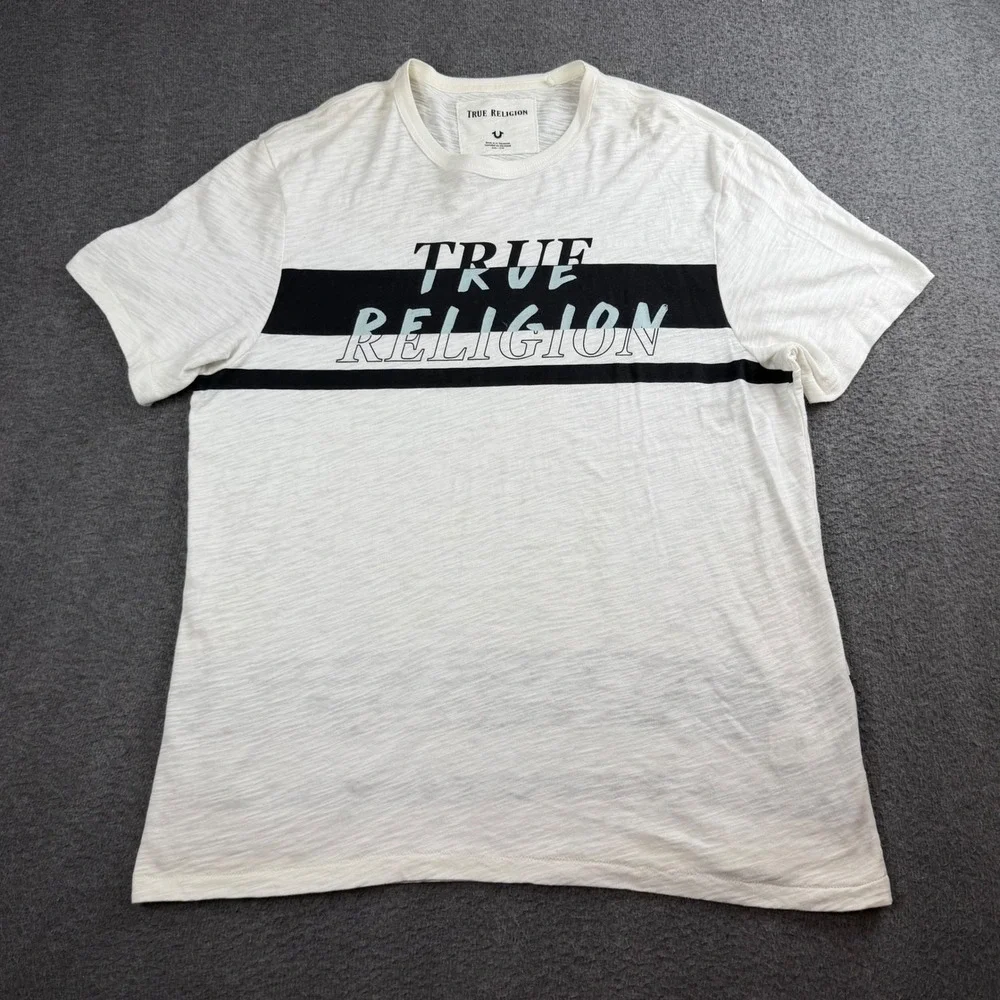 True Religion T-Shirt Men's XXXL White Black Striped SS Soft Sport Te